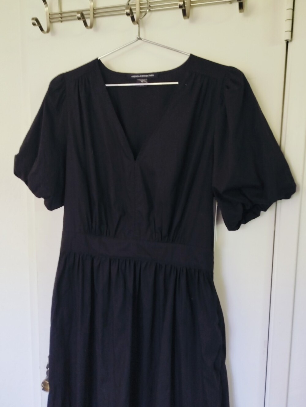 NWT French Connection Black Poplin Tiered Maxi Dress Puff Sleeve Medium